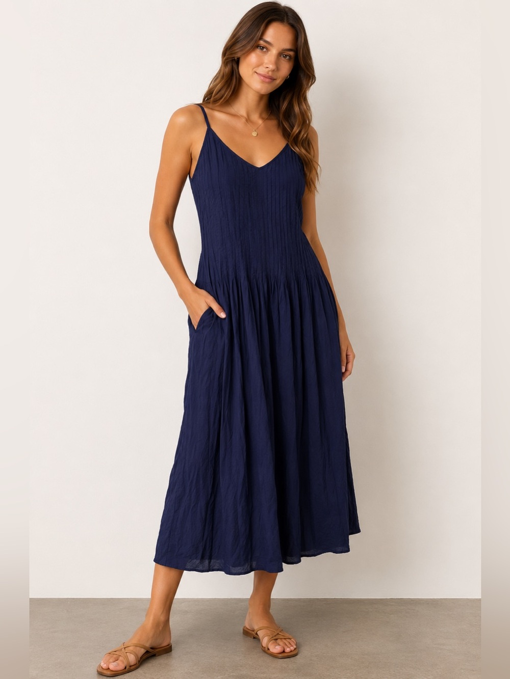 Moon River Navy Blue Pleated Midi Dress Wedding Guest Adjustable Strap V-Neck M